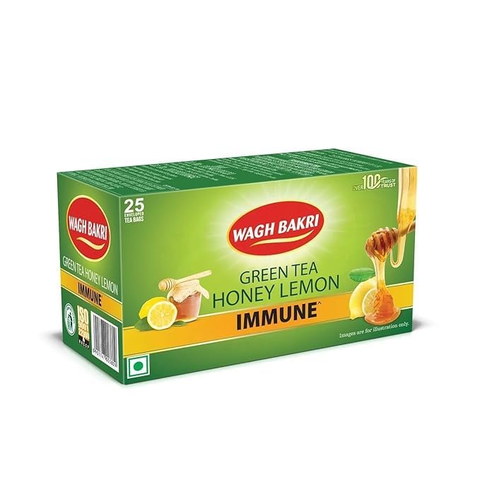 Ahuja Mart Wagh Bakri Green Tea Honey Lemon – Immune Boost | 50 Tea Bags (Pack of 2 × 25 Each) | Detox Tea, Weight Loss Support, Antioxidant-Rich Herbal Green Tea | Refreshing Honey Lemon Flavour