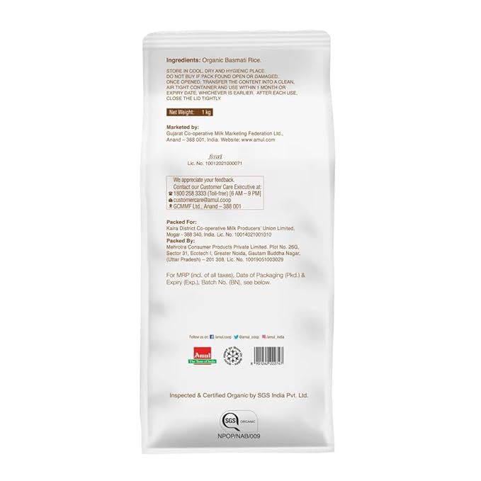 Ahuja Mart Organic Basmati Rice 1KG– Premium Long Grain Aromatic Rice | 100% Natural, Pesticide-Free, Soft & Fluffy Texture | Certified Organic Basmati for Daily Cooking & Special Dishes
