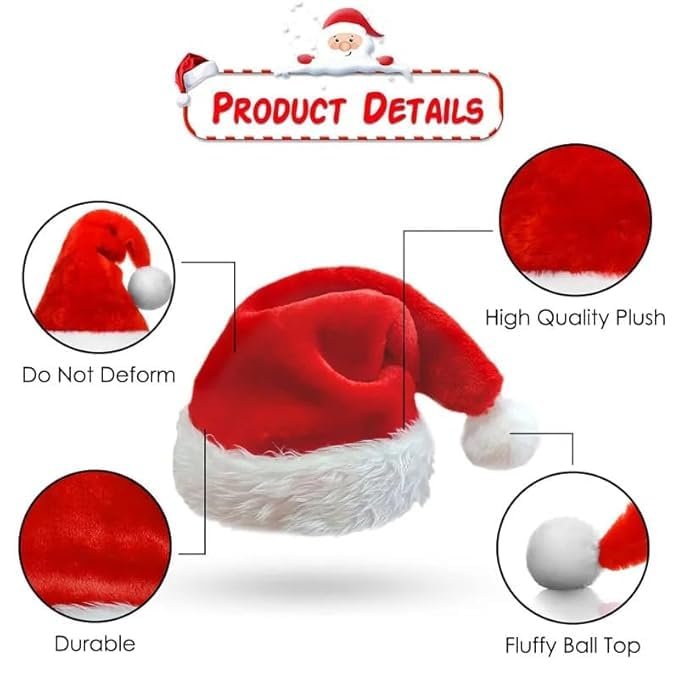 Ahuja Mart Premium Christmas Santa Hat Pack 6-Piece – Soft Plush Red & White Xmas Caps | Holiday Party Decoration & Costume Accessory (Festive Pack) - Image 6