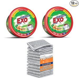 Ahuja Mart Exo Round Dishwash Bar 250G (Pack Of 2) With Exo Super Dishwashing Solution With Anti-Bacterial Efficacy & Ginger Remove Tough Grime Stains With Ease. & Non-Scratch Proof Dishwash Scrubber (10Pack)