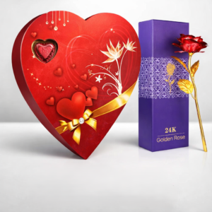 Ahuja Mart Romantic Heart Shape Chocolate Gift Box with 24K Golden Rose | Luxury Love Gift for Valentine, Anniversary, Birthday &; Special Occasions