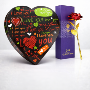 Ahuja Mart Romantic Heart Shape Chocolate Gift Box with 24K Golden Rose | Luxury Love Gift for Valentine, Anniversary, Birthday & Special Occasions