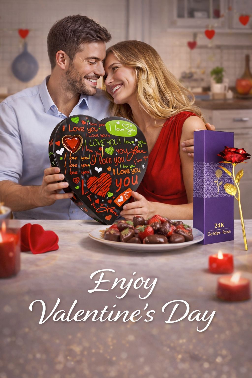 Ahuja Mart Romantic Heart Shape Chocolate Gift Box with 24K Golden Rose | Luxury Love Gift for Valentine, Anniversary, Birthday & Special Occasions