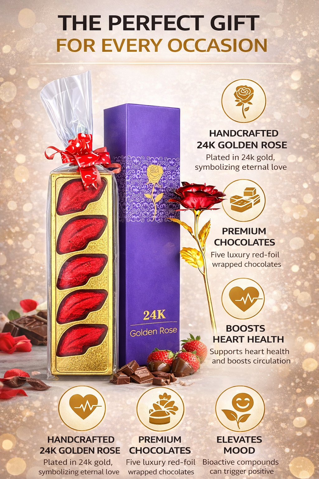 Ahuja Mart Luxury 24K Golden Rose with Heart Chocolate Gift Box | Premium Romantic Gift for Valentine’s Day, Anniversary & Special Occasions