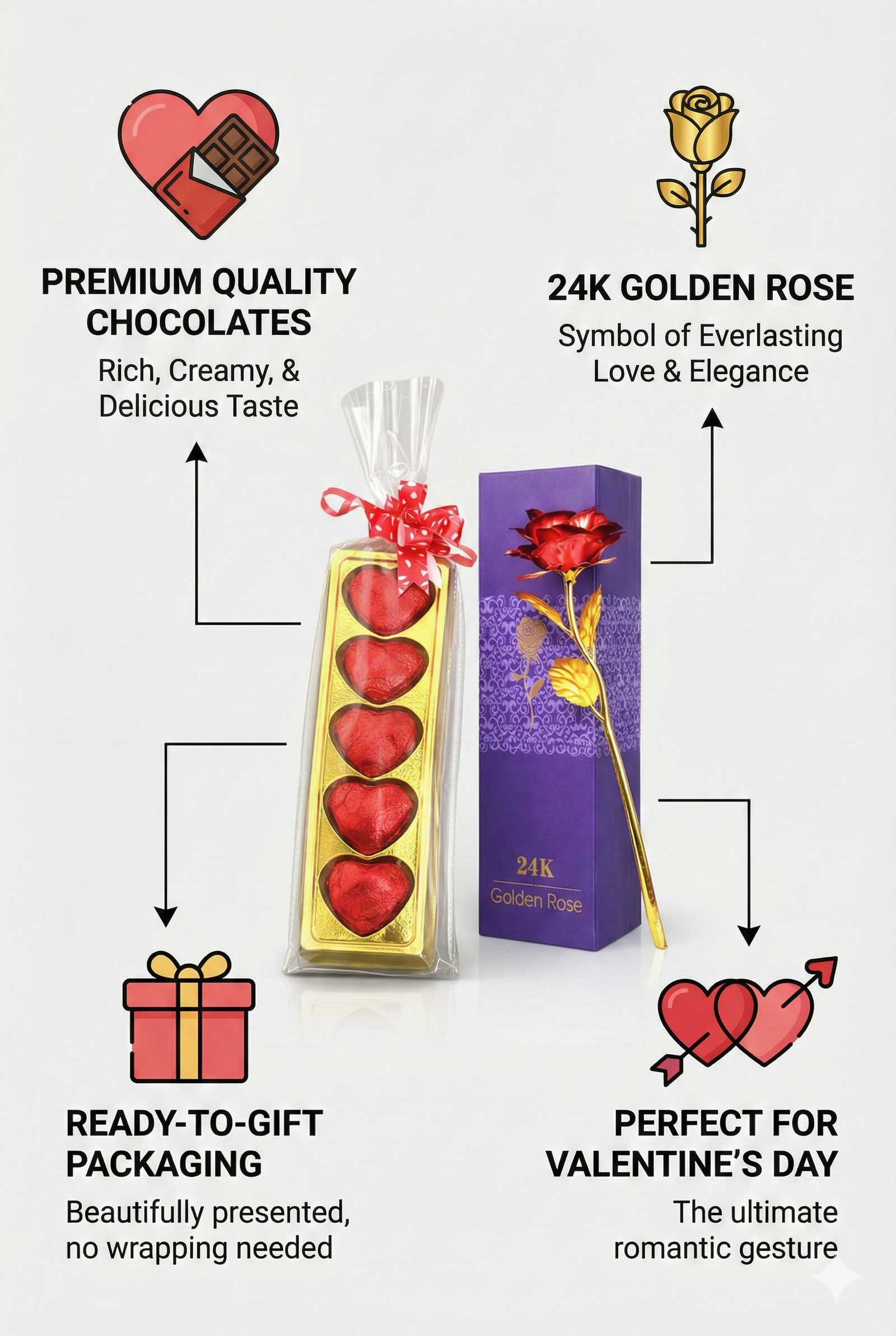 Ahuja Mart 24K Golden Rose with Heart Shape Chocolate Gift Set | Luxury Romantic Gift for Valentine’s Day, Anniversary, Birthday & Special Occasions