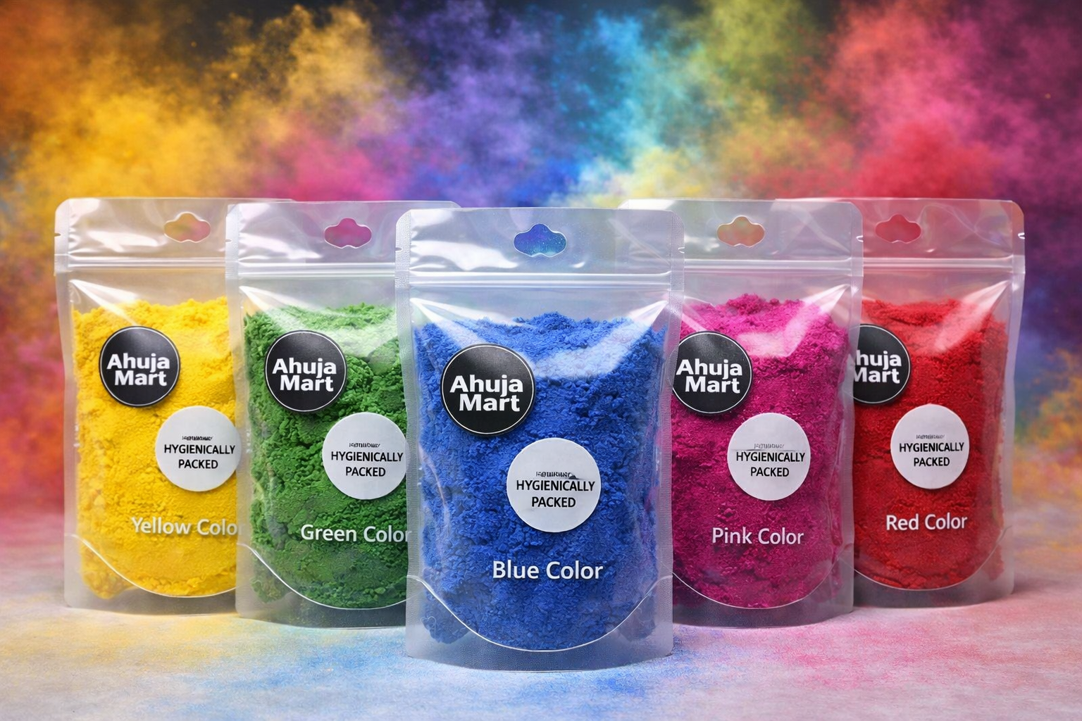 Ahuja Mart Holi Color Powder Combo Pack (200g Each) Premium Gulal Set (Yellow, Green, Blue, Pink, Red) | Hygienically Packed Bright Festival Colors | Smooth, Vibrant & Long-Lasting