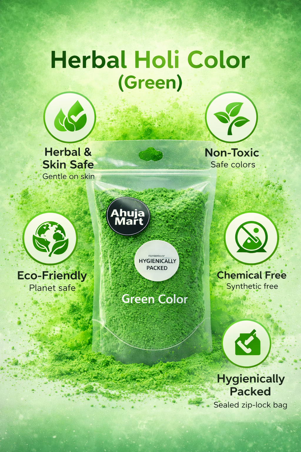 Ahuja Mart Green Color Powder (500g)Premium Bright Green Gulal for Holi | Hygienically Packed Festival Color | Smooth Texture, Vibrant & Long-Lasting
