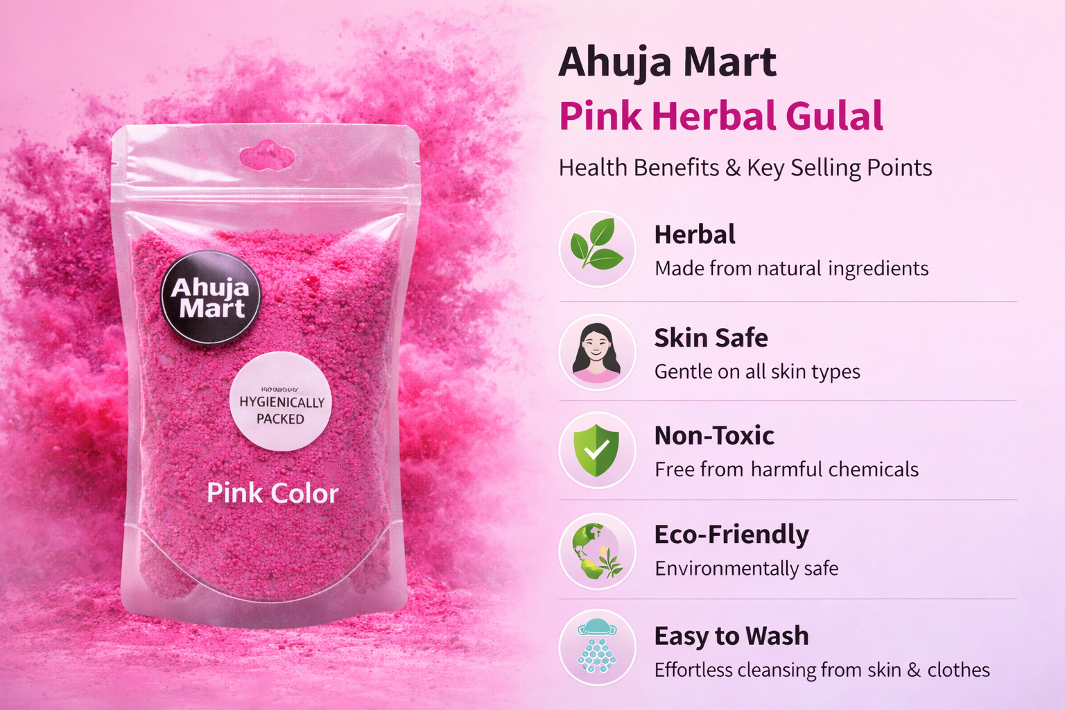 Ahuja Mart Pink Color Powder (500g) Premium Bright Pink Gulal for Holi | Hygienically Packed Festival Color | Smooth Texture, Vibrant & Long-Lasting