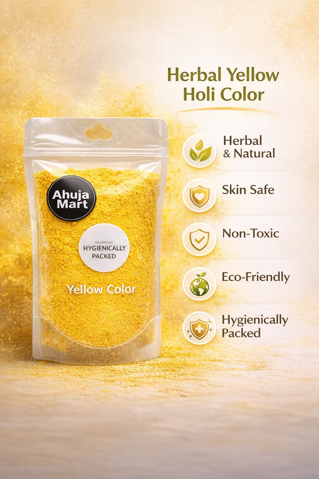 Ahuja Mart Yellow Color Powder (200g)– Premium Quality Bright Yellow Gulal | Hygienically Packed Holi & Festival Color | Smooth Texture, Vibrant & Long-Lasting